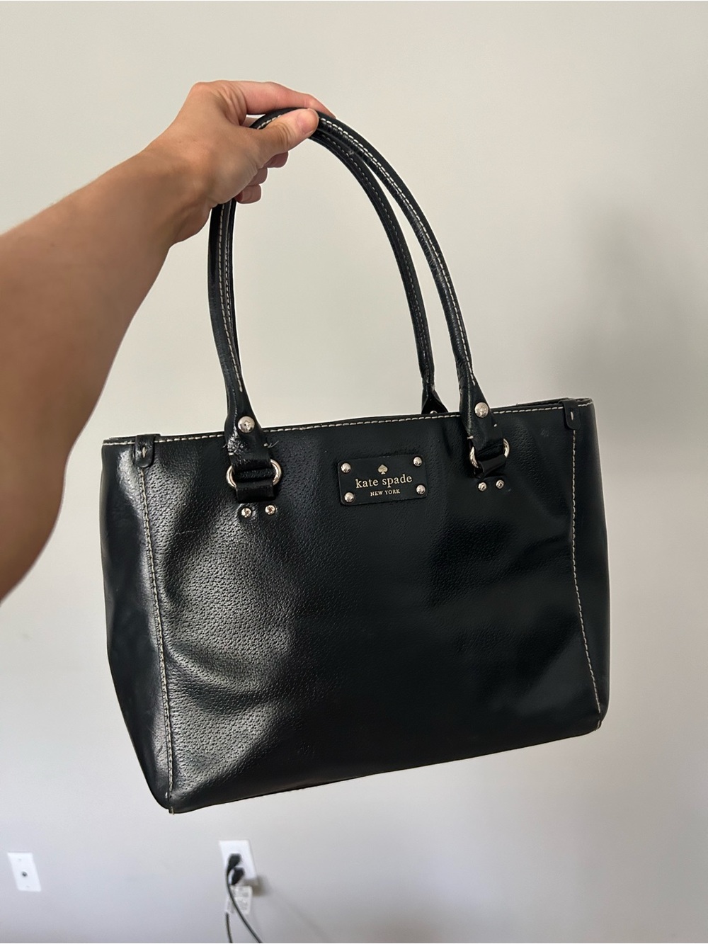 kate spade Black Leather Shoulder Tote with Double Handles
